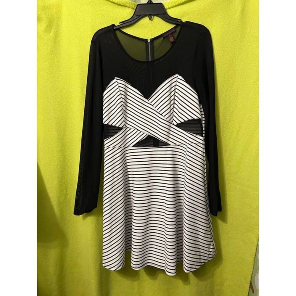 Material Girl Mesh Striped Skater Dress Xl Black White Cutouts Flare Long Sleeve